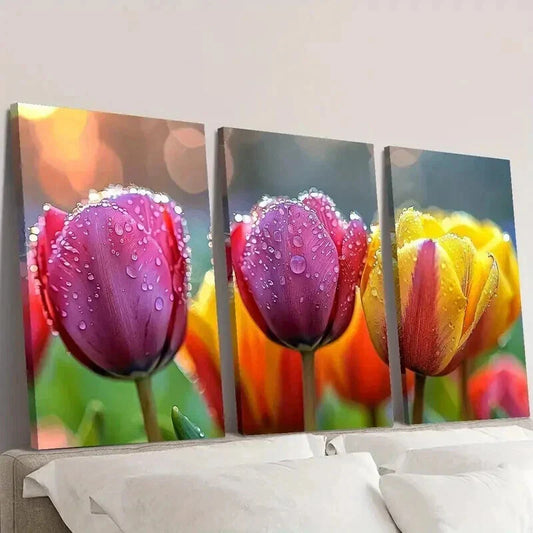 3pcs Tulips in the Rain Floral Themed Wall Art Set Canvas Framed 40x60cm - High Quality Print 100% Australian Made Wall Canvas Ready to Hang