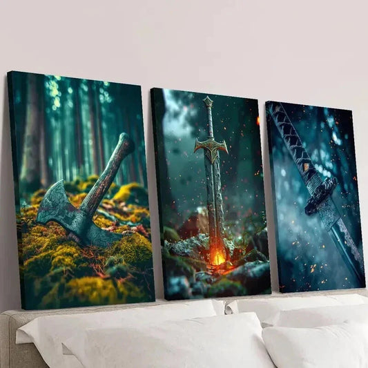 3pcs Viking Axe Glowing Sword Samurai Sword Wall Art Set Canvas Framed 40x60cm - High Quality Print 100% Australian Made Wall Canvas Ready to Hang