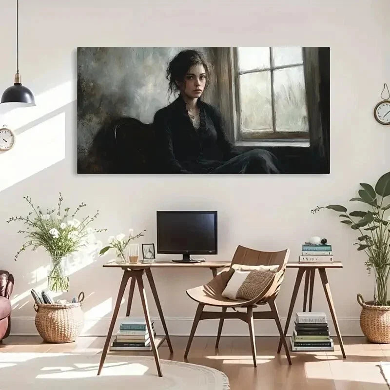 Melancholy Woman Modern Dark Wall Art Canvas Office Home Room Framed 120x60cm