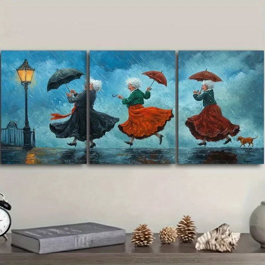 3pcss Featuring a Theme of Dancing in The Rain Wall Art Set Canvas Framed 40x60cm - High Quality Print 100% Australian Made Wall Canvas Ready to Hang
