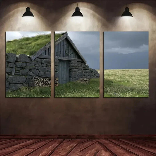 3pcs Icelandic Landscape House & Stone Metal Print Ready to Hang Art