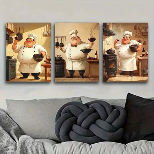 3pcs Set Art Deco Chef Modern Style, Metal Print Ready to Hang Art