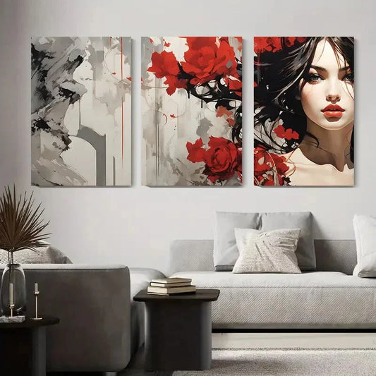 3pcs Radiant Red Rose Abstract Woman Metal Print Ready to Hang Art
