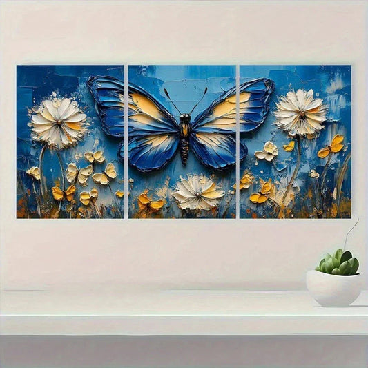 3pcs Blue Butterflies & Dandelion Flowers Metal Print Ready to Hang Art