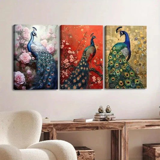 3pcs Exquisite Peacock Animal Florals Gold Blue Wall Art Set Canvas Framed 40x60cm - High Quality Print 100% Australian Made Wall Canvas Ready to Hang