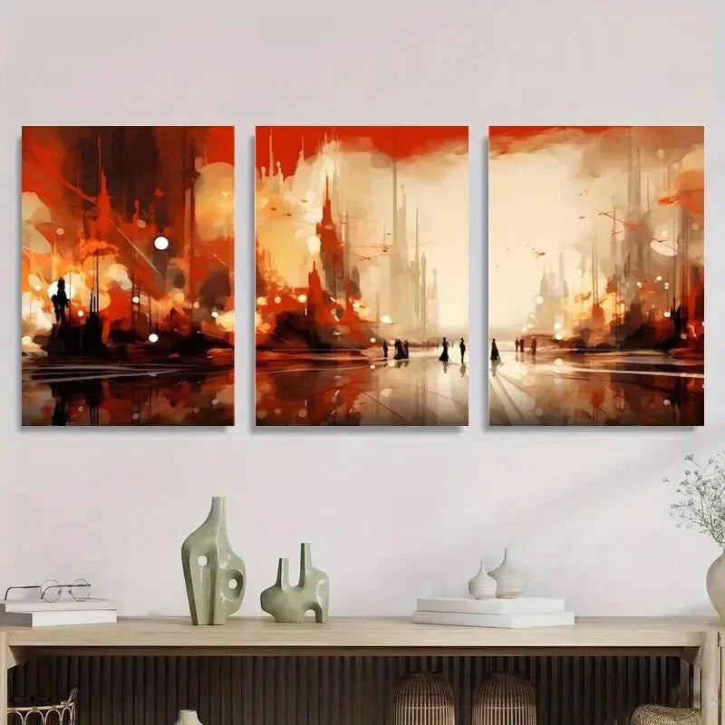 3pcs Fiery Futuristic Cityscape Abstract Metal Print Ready to Hang Art
