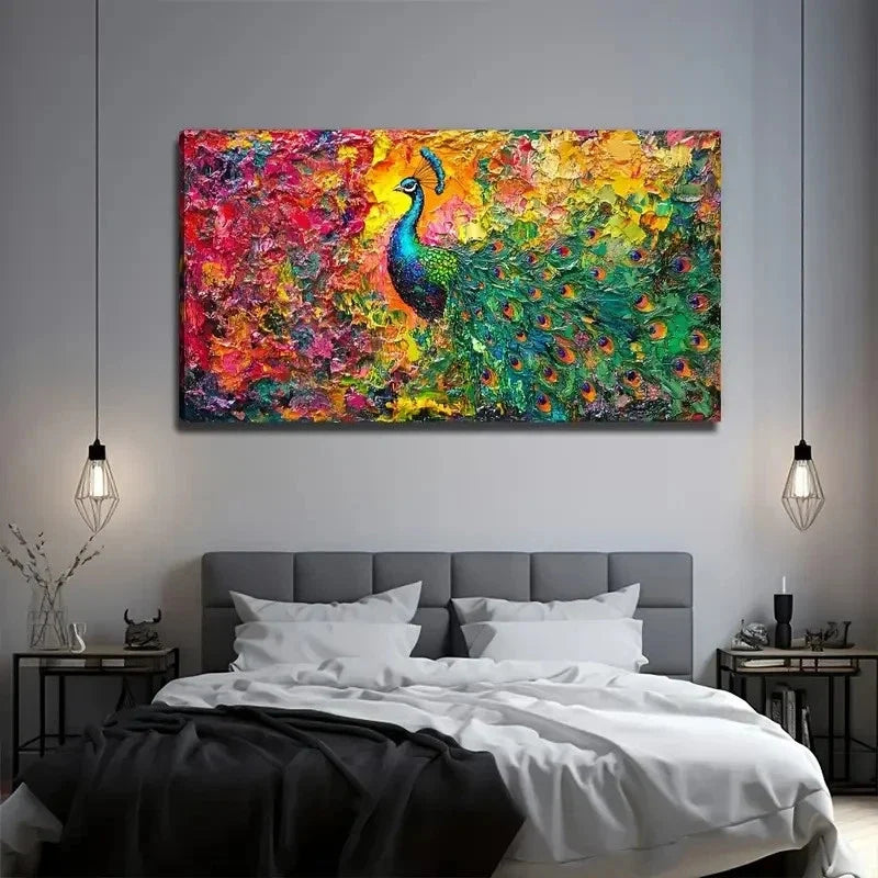 Vibrant Peacock Modern Bohemian Wall Art Canvas Office Home Room Framed 80x45cm