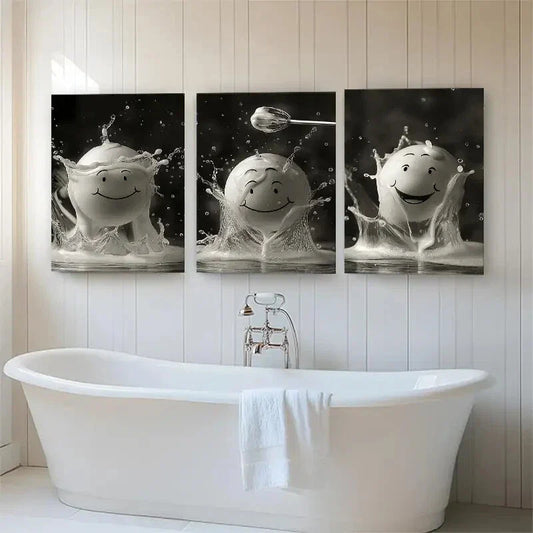 3pcs Smiling Milk Splash Whimsical Perfect Wall Art Set Canvas Framed 40x60cm - High Quality Print 100% Australian Made Wall Canvas Ready to Hang