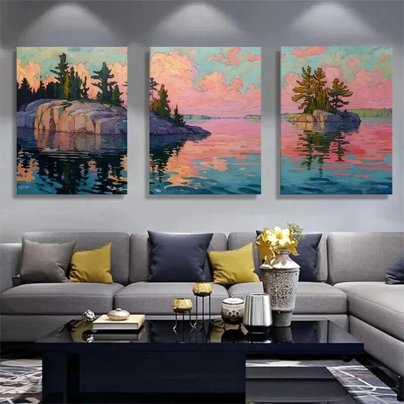 3pcs Serene Lakeside Rocks and Trees Wall Art Set Canvas Framed 40x60cm - High Quality Print 100% Australian Made Wall Canvas Ready to Hang
