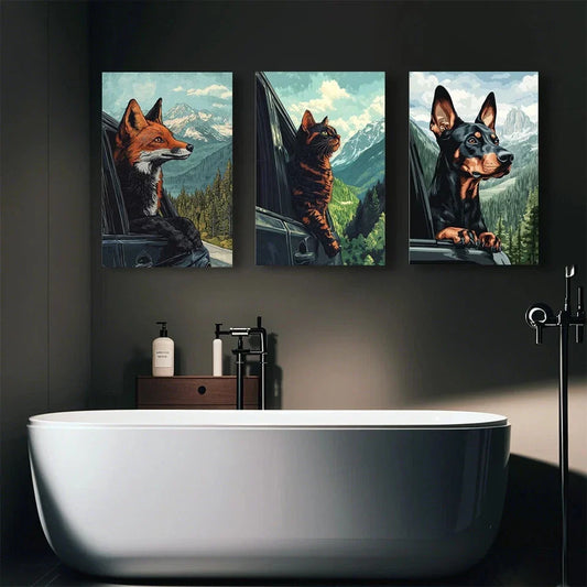 3pcs Animal Themes Through Car Windows Metal Print Ready to Hang Art
