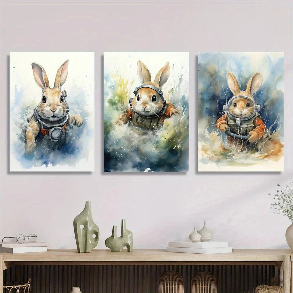 3pcs Blue Green Brown Bunny Wearing Dresses Metal Print Ready to Hang Art