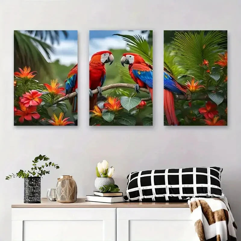 3pcs Colorful Parrot and Flower Nature Birds Metal Print Ready to Hang Art