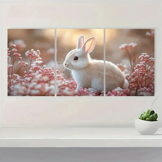 3pcs Blush Spring White Bunny Vintage Metal Print Ready to Hang Art