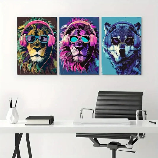 3pcs Fashionable Animals Lion Wolf Metal Print Ready to Hang Art