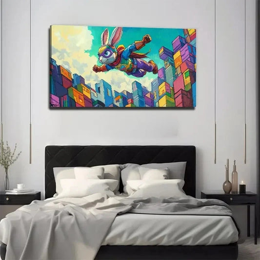 Dynamic Flying Bunny City Wall Art Canvas Office Home Room Framed 80x45cm