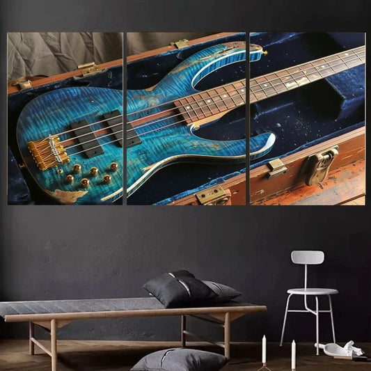 3pcs Retro Blue Electric Bass Modern Luxury Guitar Metal Print Ready to Hang Art