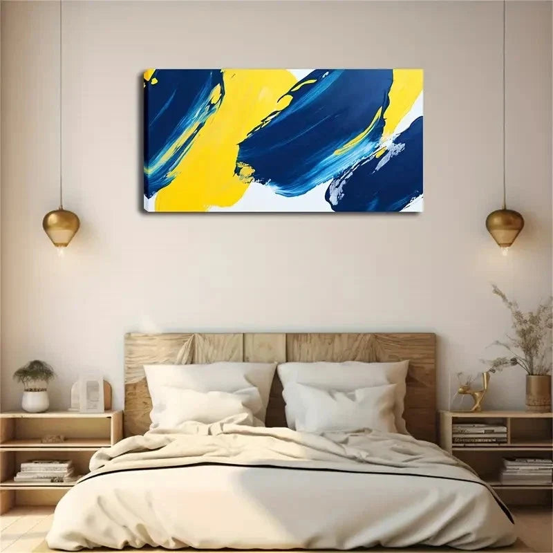 Bright Yellow And Deep Blue Wall Art Canvas Office Home Room Framed 80x45cm