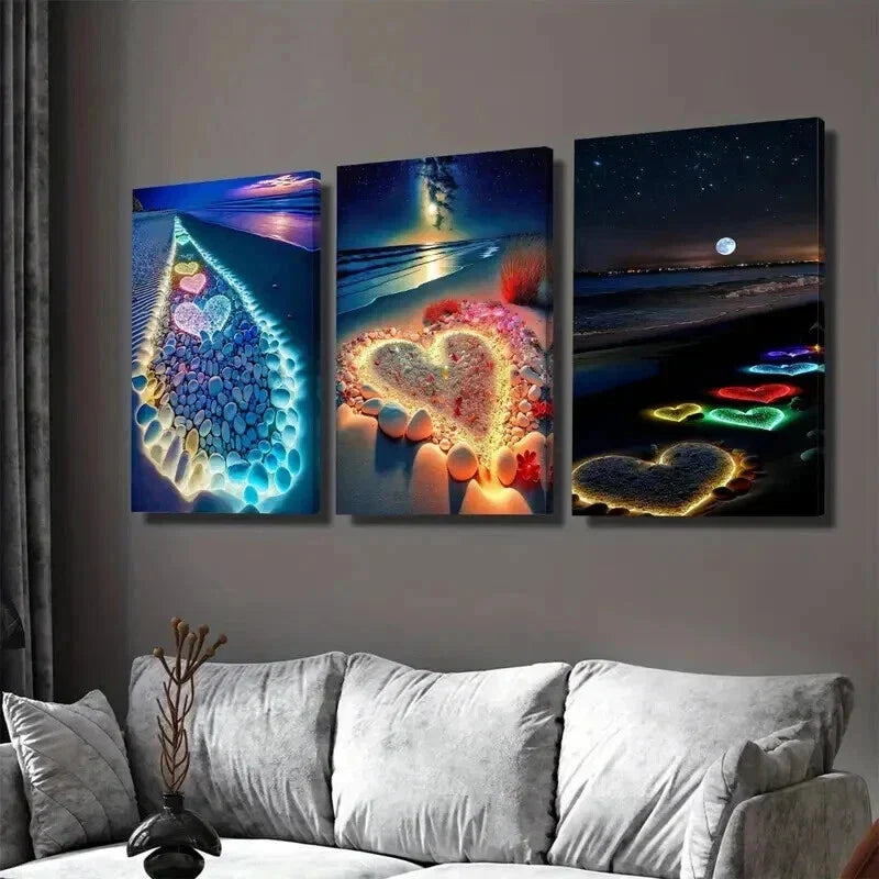 3pcs Vibrant Night Sky and Heart Stunning Wall Art Set Canvas Framed 40x60cm - High Quality Print 100% Australian Made Wall Canvas Ready to Hang