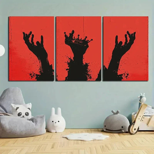 3pcs Crown Hand Red & Black Knuckle Metal Print Ready to Hang Art