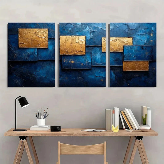3pcs Blue & Golden Abstract Geometric Metal Print Ready to Hang Art