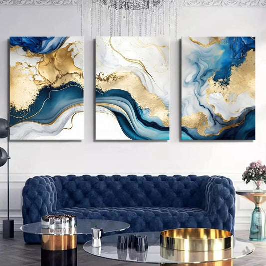 3pcs Abstract Golden White Marble Modern Metal Print Ready to Hang Art