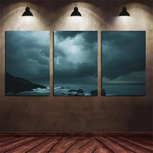 3pcs Dark Storm Sky Beach Stones Metal Print Ready to Hang Art