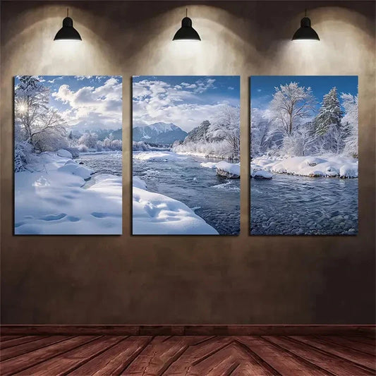 3pcs Winter River Snowy Trees Clouds Metal Print Ready to Hang Art