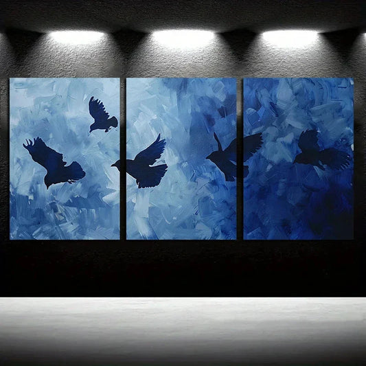 3pcs Abstract Blue Modern Black Bird Metal Print Ready to Hang Art