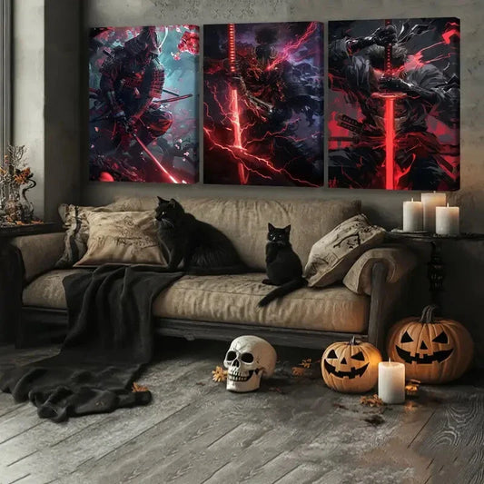 3pcs Anime Comic Vivid Color Samurai Thunder Red Wall Art Set Canvas Framed 40x60cm - High Quality Print 100% Australian Made Wall Canvas Ready to Hang