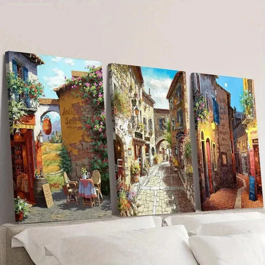 3pcs Tuscan Garden & European Town Wall Art Set Canvas Framed 40x60cm - High Quality Print 100% Australian Made Wall Canvas Ready to Hang