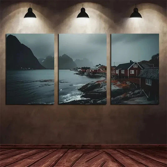 3pcs Black Sky Big Mountain Houses Metal Print Ready to Hang Art