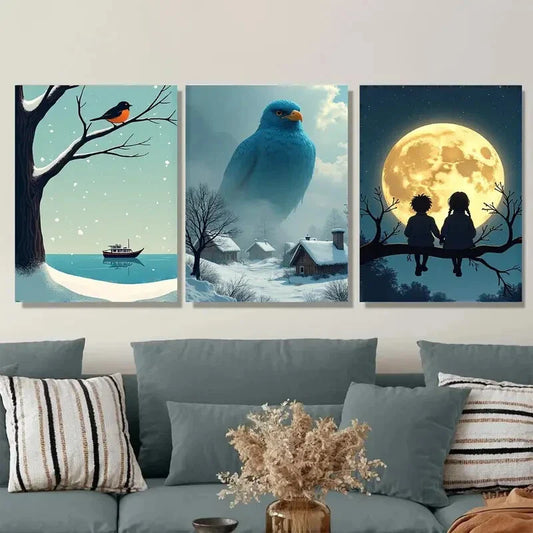 3pcs Winter Scene Blue Bird, And Moonlit Snow Wall Art Set Canvas Framed 40x60cm - High Quality Print 100% Australian Made Wall Canvas Ready to Hang