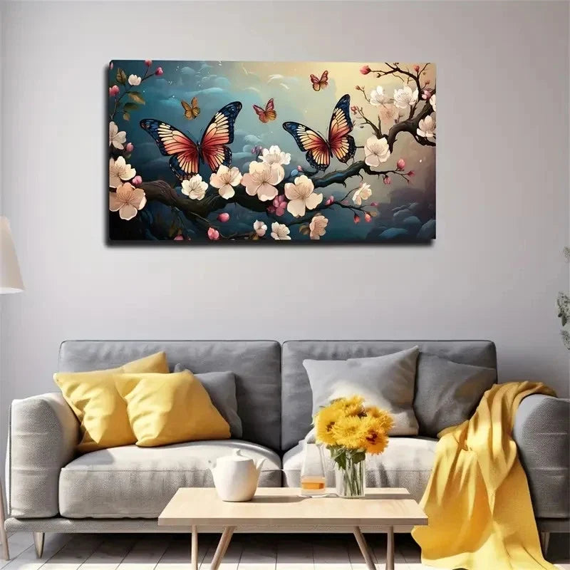 Vibrant Butterfly Cherry Decor Wall Art Canvas Office Home Room Framed 80x45cm