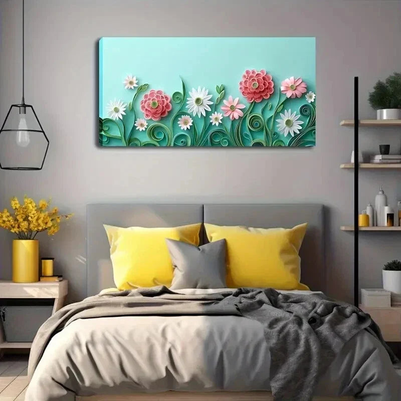 Pink and White Flowers Curly Wall Art Canvas Office Home Room Framed 120x60cm