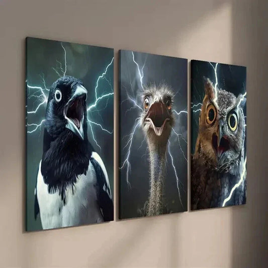 3pcs Magpie Ostrich Owl with Lightning Wall Art Set Canvas Framed 40x60cm - High Quality Print 100% Australian Made Wall Canvas Ready to Hang