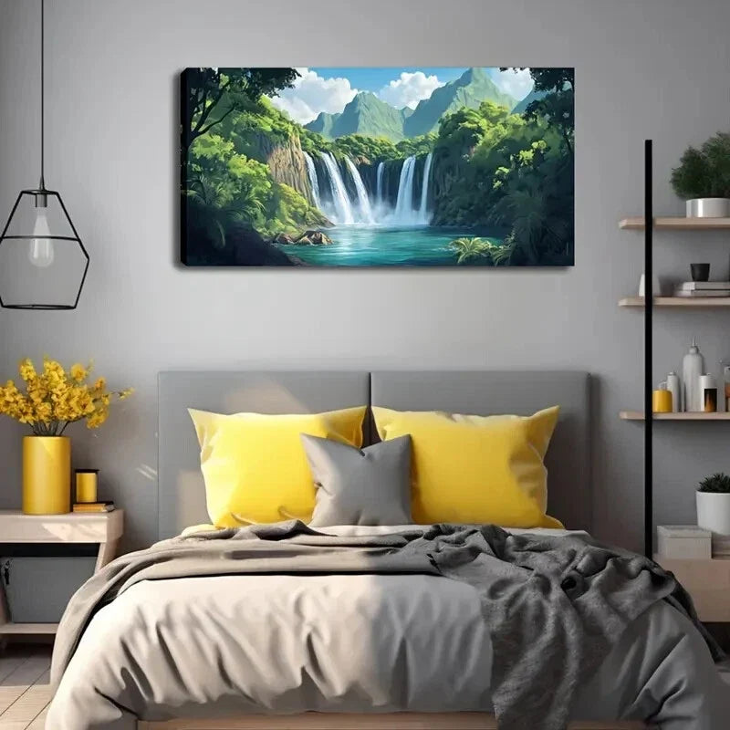 Waterfall Lush Greenery Vibrant Wall Art Canvas Office Home Room Framed 120x60cm