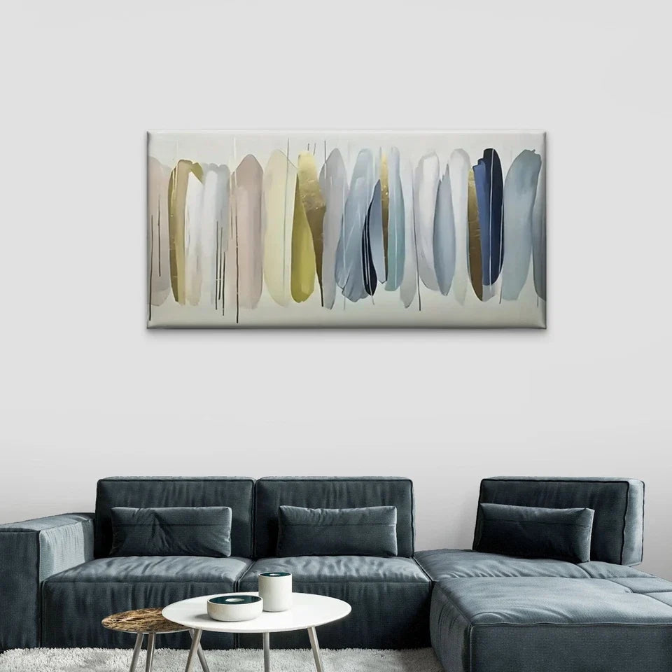 Golden Leaf Blue Feather Design Wall Art Canvas Office Home Room Framed 80x45cm
