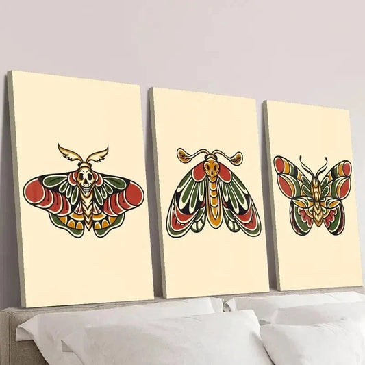 3pcs Retro Colorful Death Head Moth Skull Wall Art Set Canvas Framed 40x60cm - High Quality Print 100% Australian Made Wall Canvas Ready to Hang