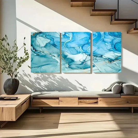 3pcs Teal Blue With Golden Veins Reusable Metal Print Ready to Hang Art