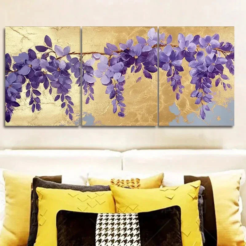3pcs Gold foil floral wisteria Metal Print Ready to Hang Art