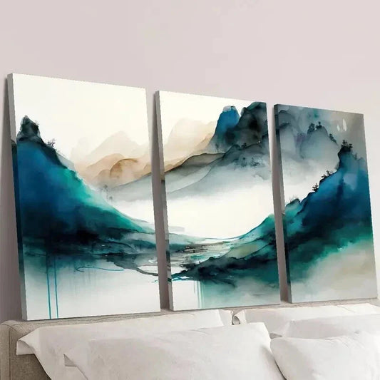 3pcs Green Blue Mountains in the Fog Wall Art Set Canvas Framed 40x60cm - High Quality Print 100% Australian Made Wall Canvas Ready to Hang