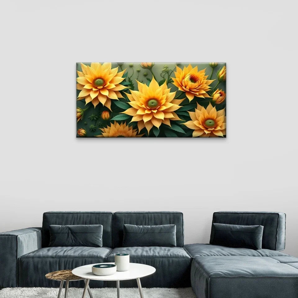 Yellow Flowers Green Leaves Wall Art Canvas Office Home Room Framed 80x45cm