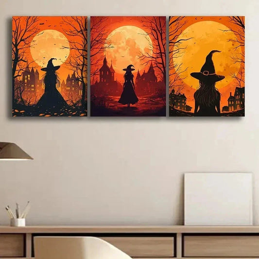 3pcs Witch at Sunset Moon Colorful Perfect Wall Art Set Canvas Framed 40x60cm - High Quality Print 100% Australian Made Wall Canvas Ready to Hang