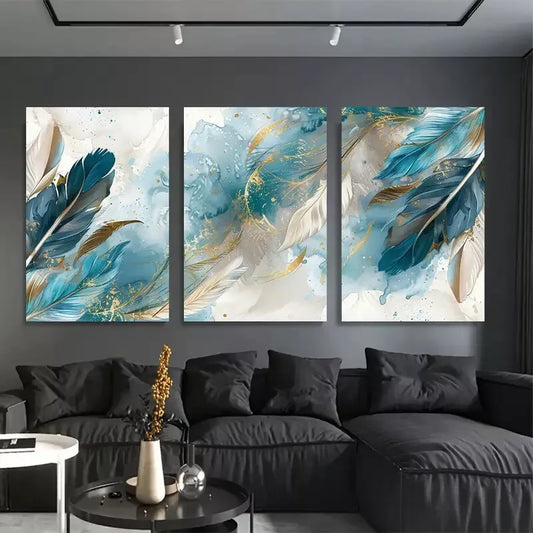 3pcs Blue & White Feathers Abstract Canvas Framed 40x60cm - High Quality Print 100% Australian Made Wall Canvas Ready to Hang