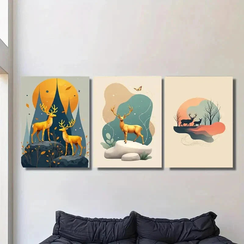 3pcs Modern Deer Forest Elegant Nature Metal Print Ready to Hang Art