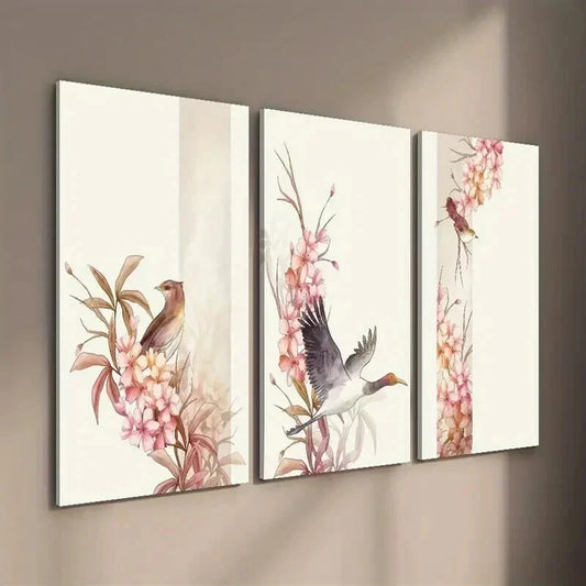 3pcs Bird and Botanical Flower Illustration Wall Art Set Canvas Framed 40x60cm - High Quality Print 100% Australian Made Wall Canvas Ready to Hang