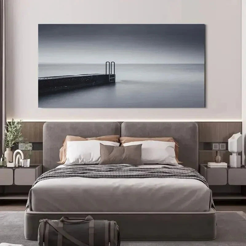 Black & White Seascape Wall Art Canvas Office Home Room Framed 120x60cm