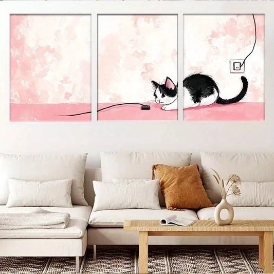 3pcs Playful Kitten & Electric Cord Modern Wall Art Set Canvas Framed 40x60cm - High Quality Print 100% Australian Made Wall Canvas Ready to Hang