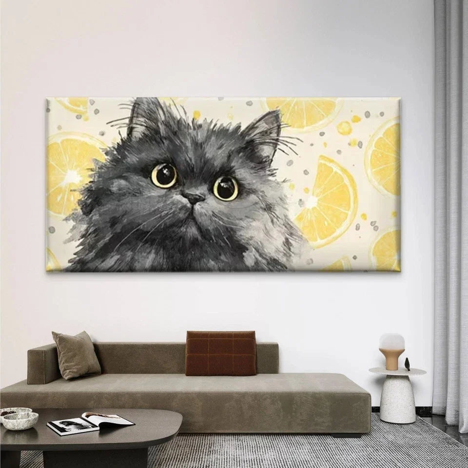 Black Cat with Lemon Pattern Wall Art Canvas Office Home Room Framed 80x45cm