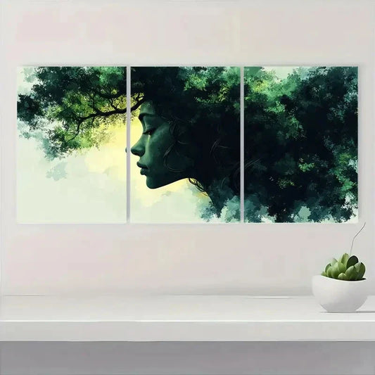 3pcs Serene Girl with Green Tree Silhouette Metal Print Ready to Hang Art